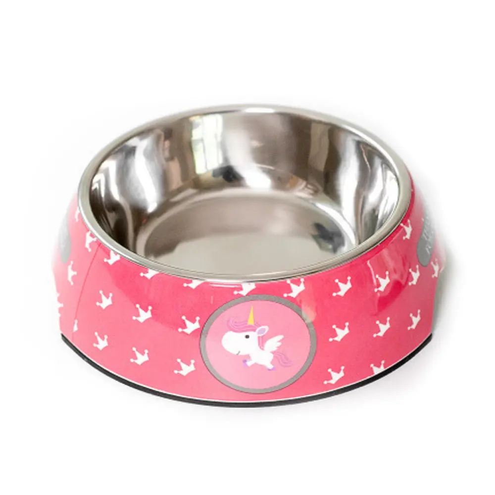 Kutyatál rozsdamentes acél rózsaszín színben, unikornis mintával S méret (ST-247)