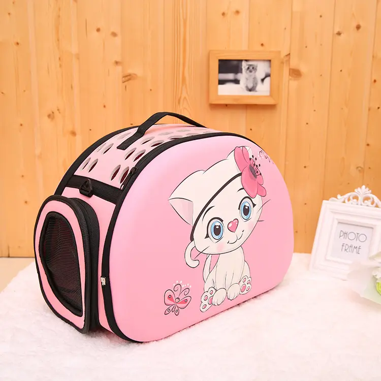 Kisállat hordozó táska rózsaszín színben cica mintával (ST-149) kutya, macska szállítóbox