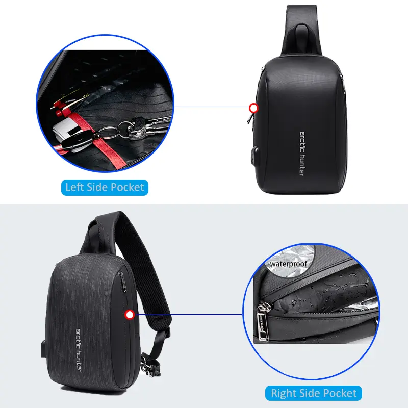 Arctic Hunter USB-s egypántos hátizsák, hátitáska, válltáska fekete színben terepmintás vízálló (XB00081-2-BLACK-CAMOU)
