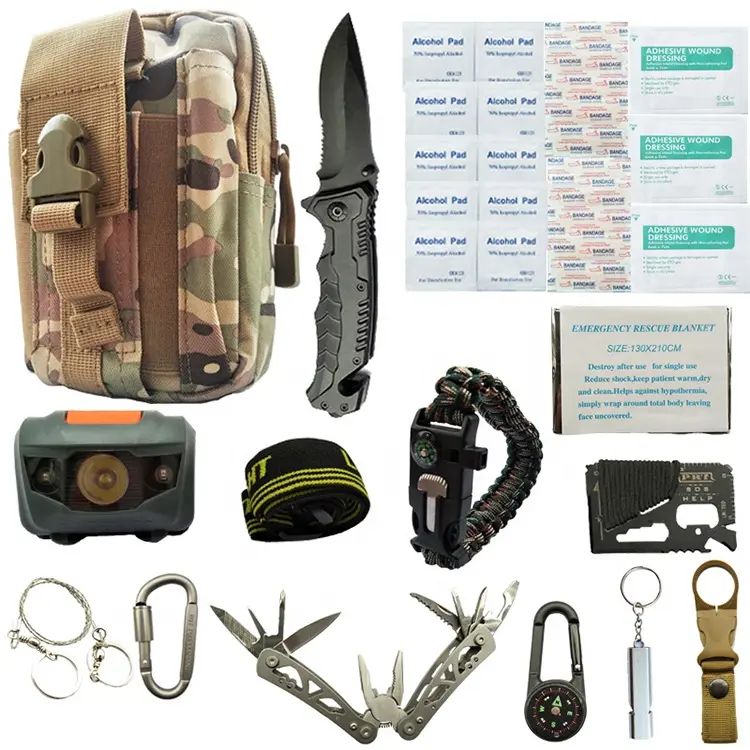 13 az 1-ben túlélőkészlet, katonai túlélő felszerelés terepmintás táskával (outdoor-equipment-13-cp-camo) (W0807-camo)