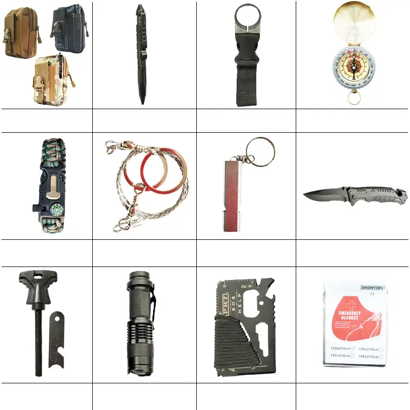12 az 1-ben túlélőkészlet, katonai túlélő felszerelés fekete táskával (outdoor-equipment-12-black) (W0803-black)