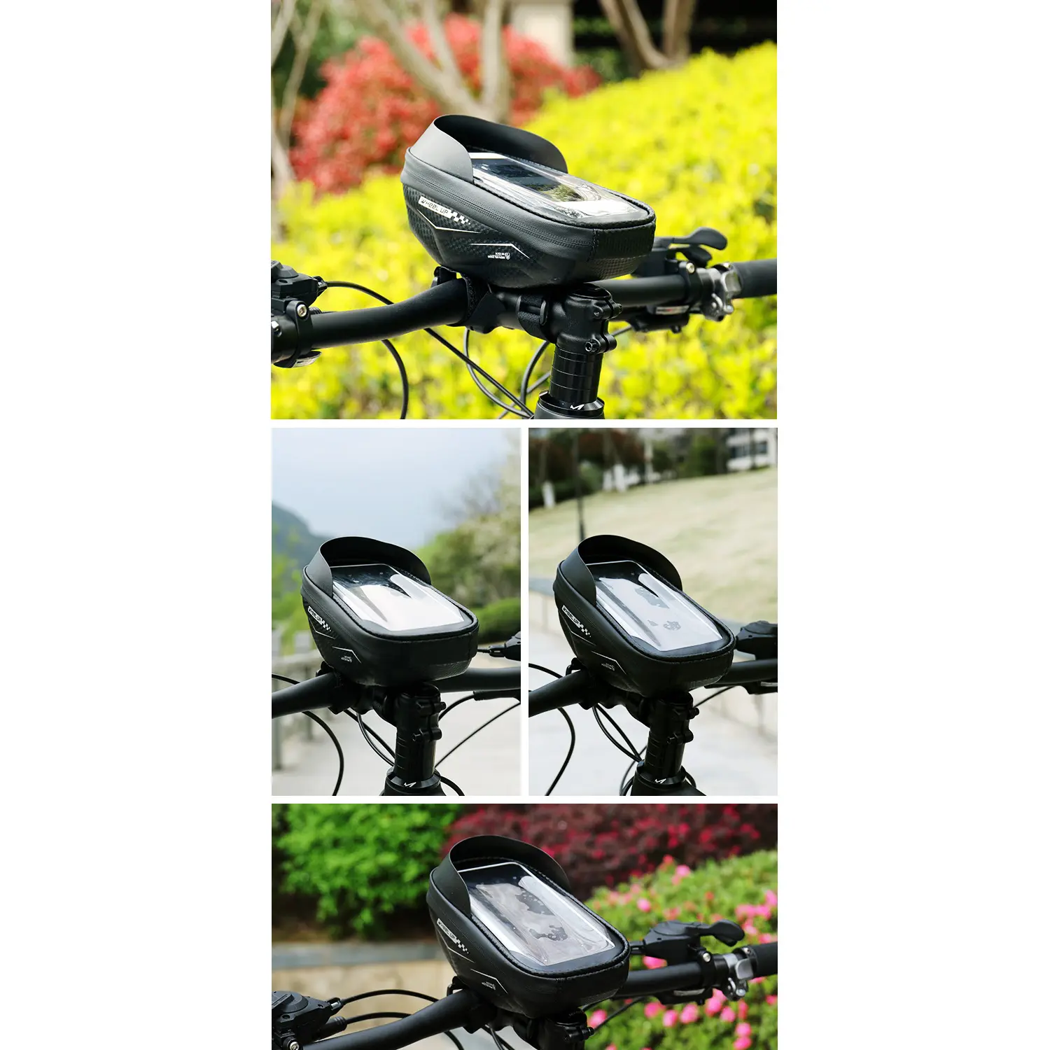 Kormányra szerelhető biciklis telefontartó, táska vízálló fekete (B028-BLACK)