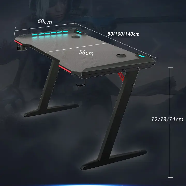 Gamer asztal, íróasztal LED világítással, alumínium, fekete 140*60*74 cm (gaming-desk-1)