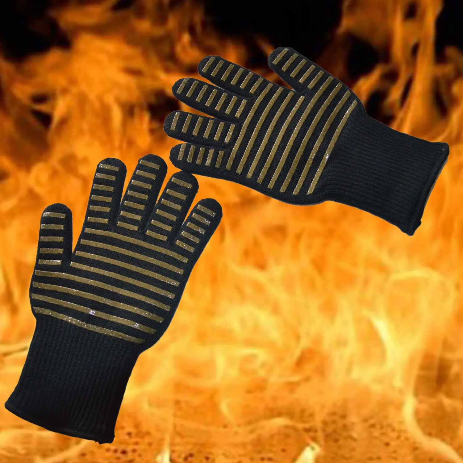 Hőálló grill kesztyű 1 pár fekete arany csíkokkal (BBQ-GLOVES-BLACK-GOLD)