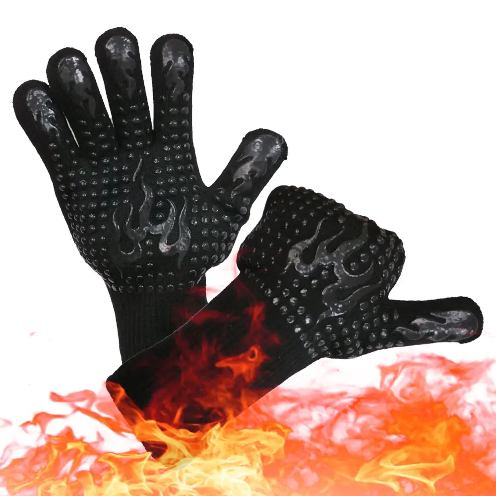 Hőálló grill kesztyű 1 pár fekete lángokkal (BBQ-GLOVES-BLACK-FLAMES2)