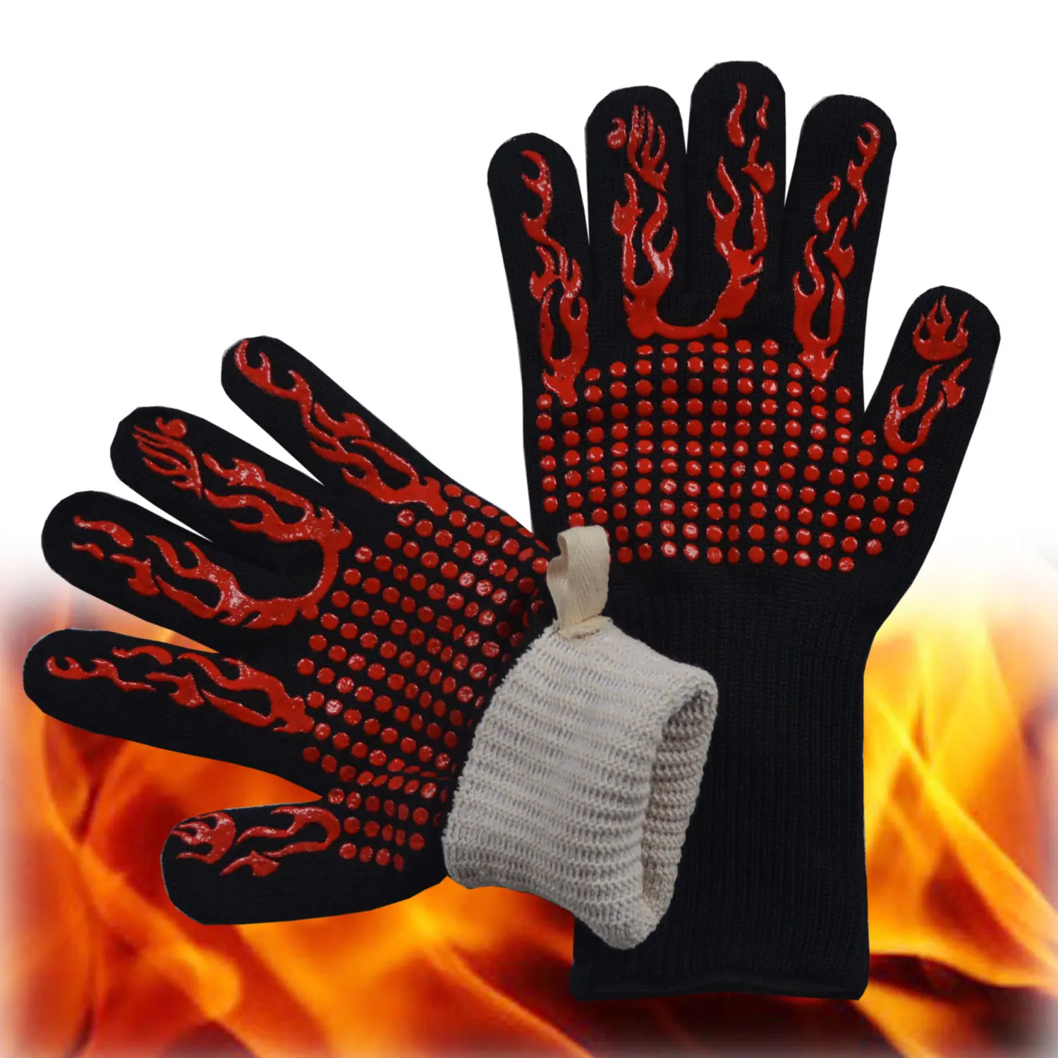 Hőálló grill kesztyű 1 pár fekete piros lángokkal (BBQ-GLOVES-RED-FLAMES)