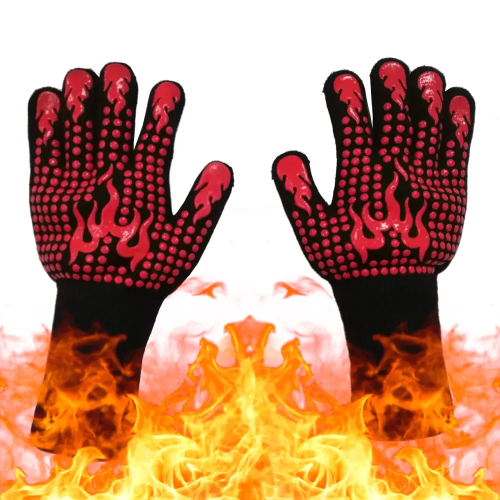 Hőálló grill kesztyű 1 pár fekete piros lángokkal (BBQ-GLOVES-RED-FLAMES-2)