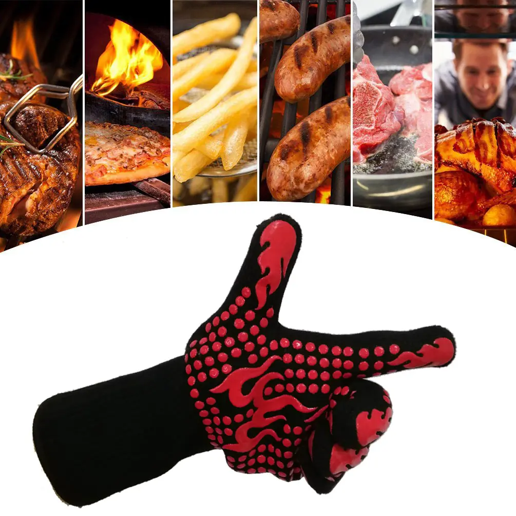 Hőálló grill kesztyű 1 pár fekete piros lángokkal (BBQ-GLOVES-RED-FLAMES-2)