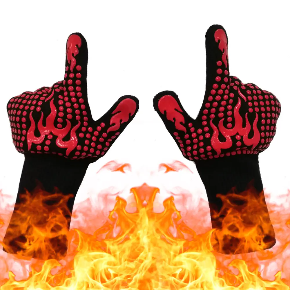 Hőálló grill kesztyű 1 pár fekete piros lángokkal (BBQ-GLOVES-RED-FLAMES-2)