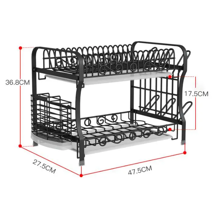Edényszárító csepegtető tálcával kétszintes fekete (dishrack-1)