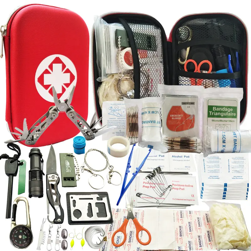 80 az 1-ben túlélőkészlet, elsősegély csomag, túlélő felszerelés piros táskával (outdoor-sos-first-aid-kit) (W0805)
