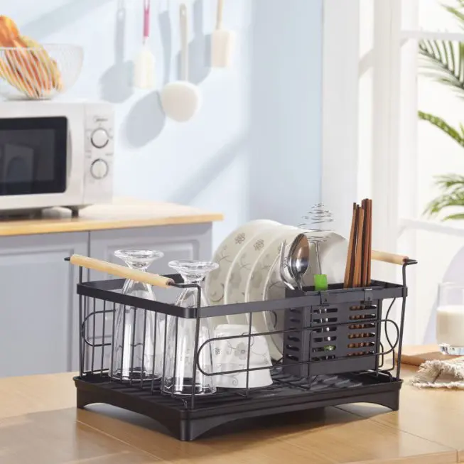 Edényszárító csepegtető tálcával egyszintes fekete (dish-rack-black-3-1-layer-YY-003)