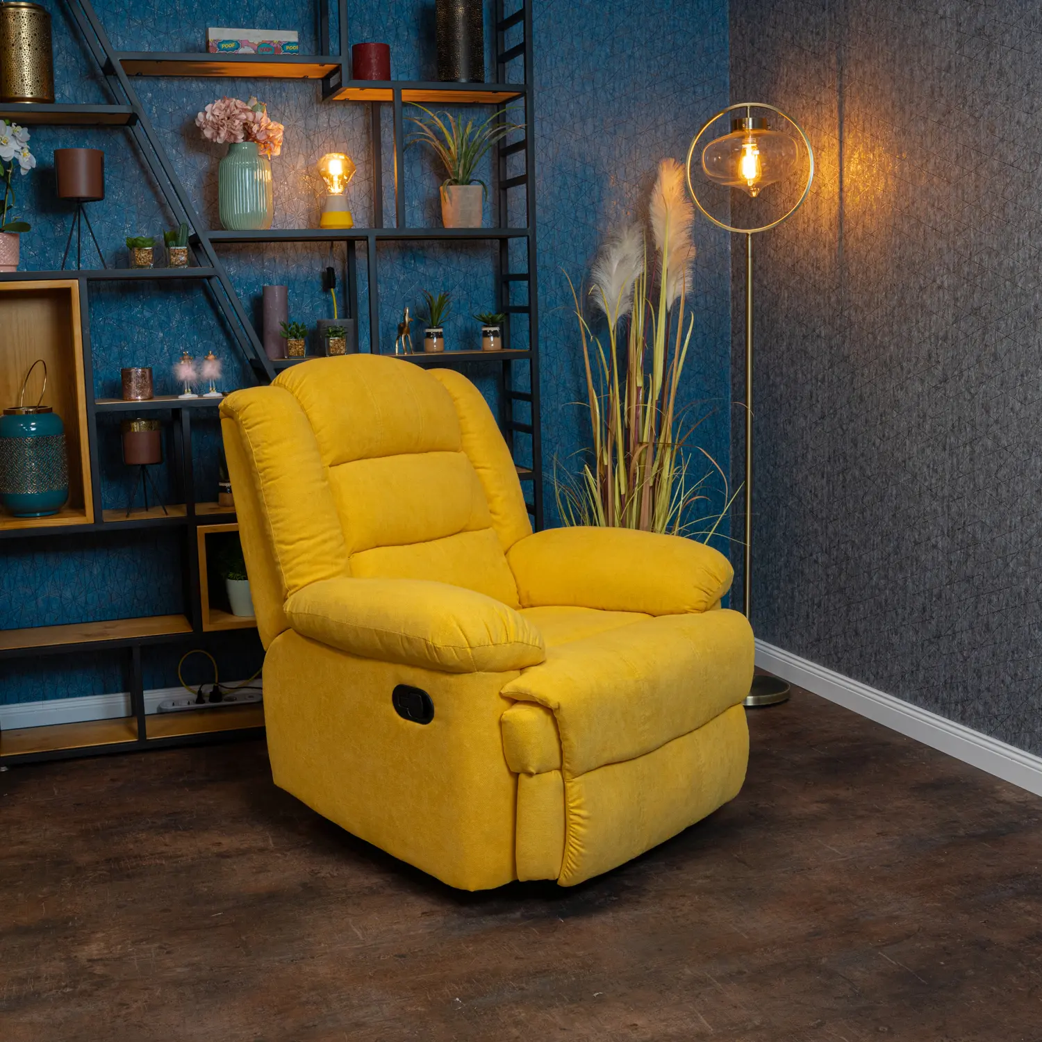 Fekvőfotel, relax fotelágy dönthető háttámlával, lábtartóval citromsárga szövet (8002-LEMON)
