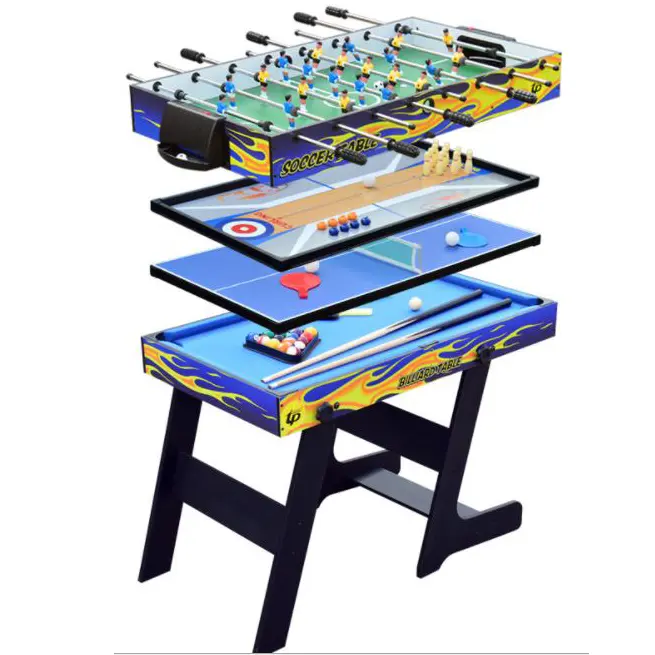4 az 1-ben multifunkciós játékasztal, csocsó asztal, biliárd asztal, ping-pong asztal, curling és bowling asztal láng festésű (TM-4819)