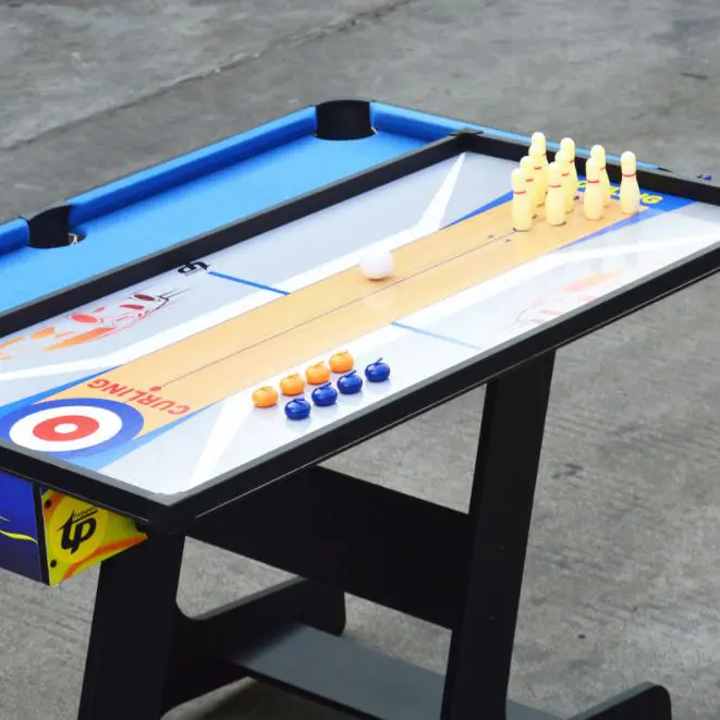 4 az 1-ben multifunkciós játékasztal, csocsó asztal, biliárd asztal, ping-pong asztal, curling és bowling asztal láng festésű (TM-4819)