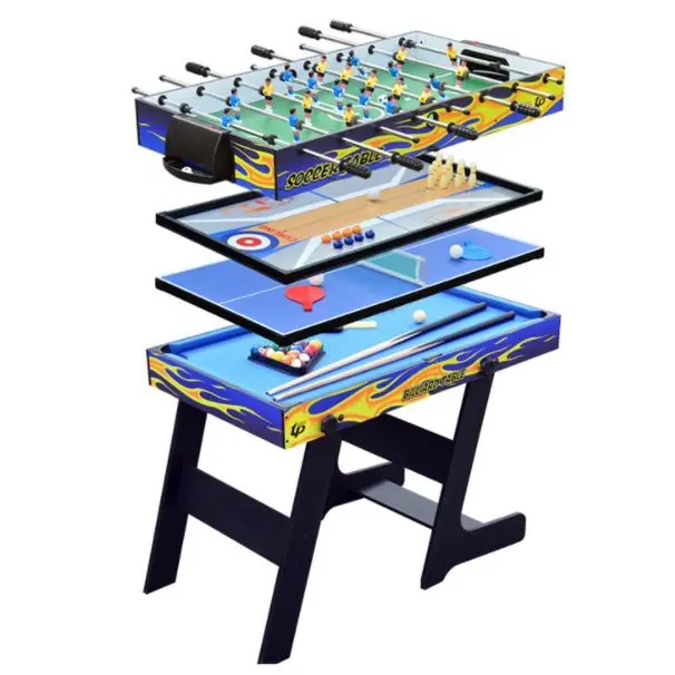 4 az 1-ben multifunkciós játékasztal, csocsó asztal, biliárd asztal, ping-pong asztal, curling és bowling asztal láng festésű (TM-4819)