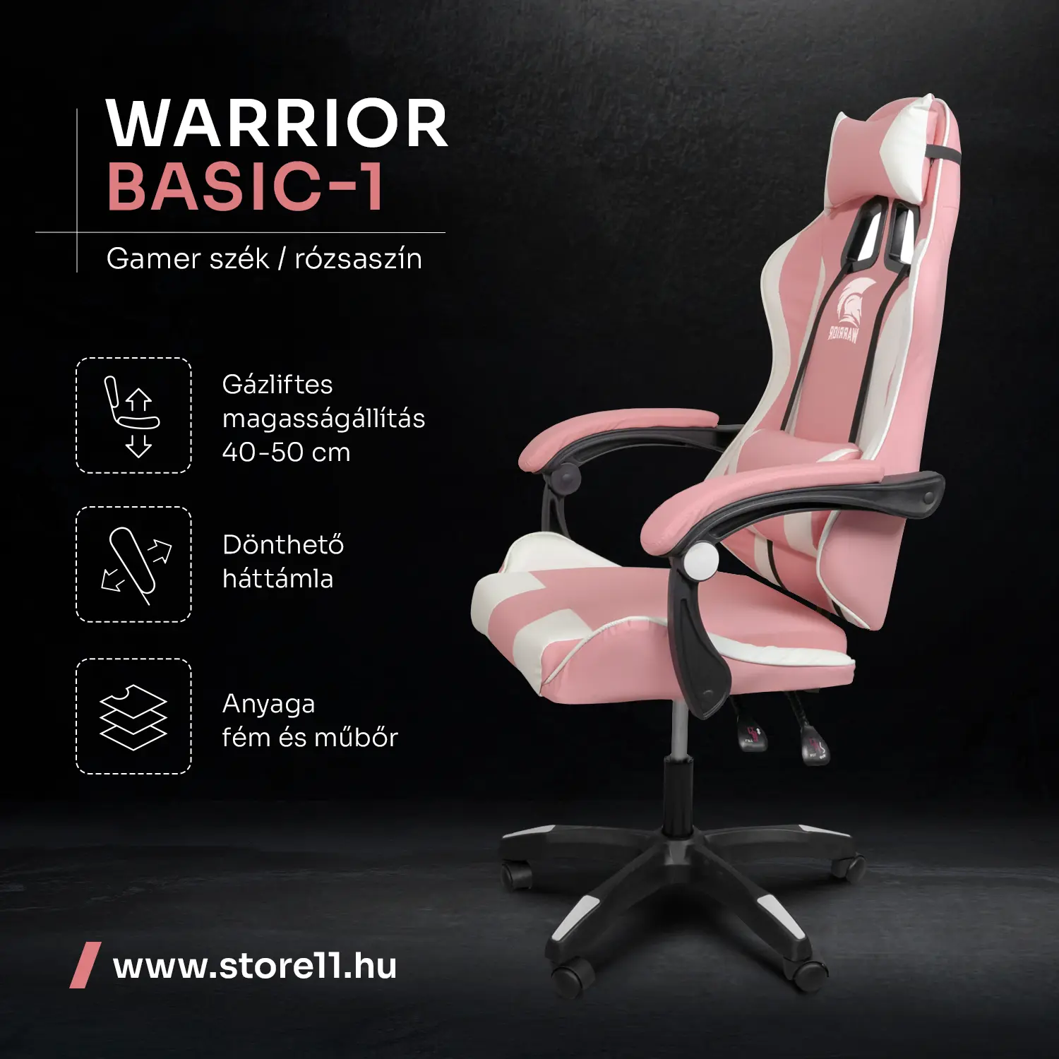 Herná stolička Warrior, otočná stolička ružová (GAMER-BASIC-1-PINK)