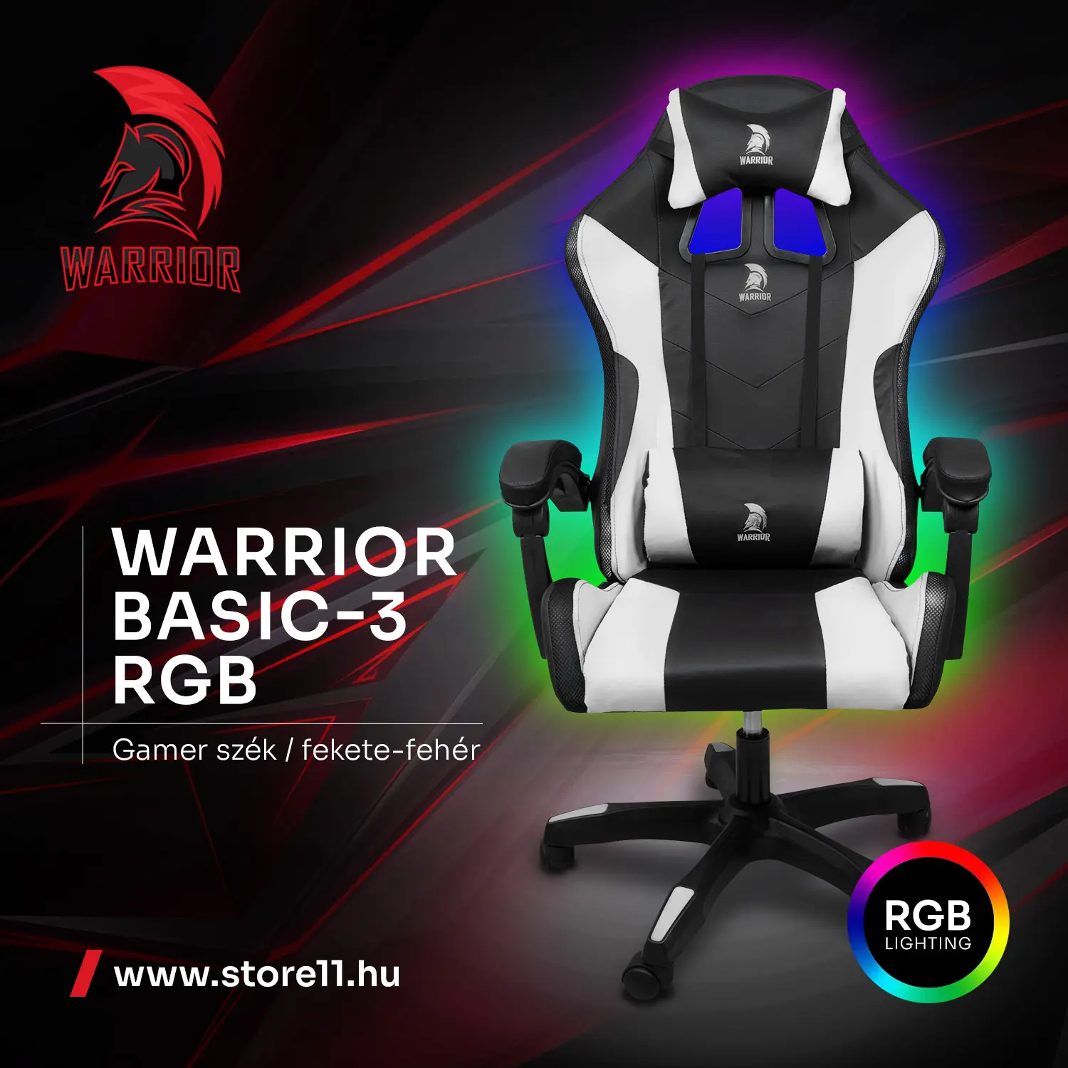 Warrior gamer szék, forgószék fekete-fehér RGB világítással (GAMER-BASIC-3-RGB-WHITE)