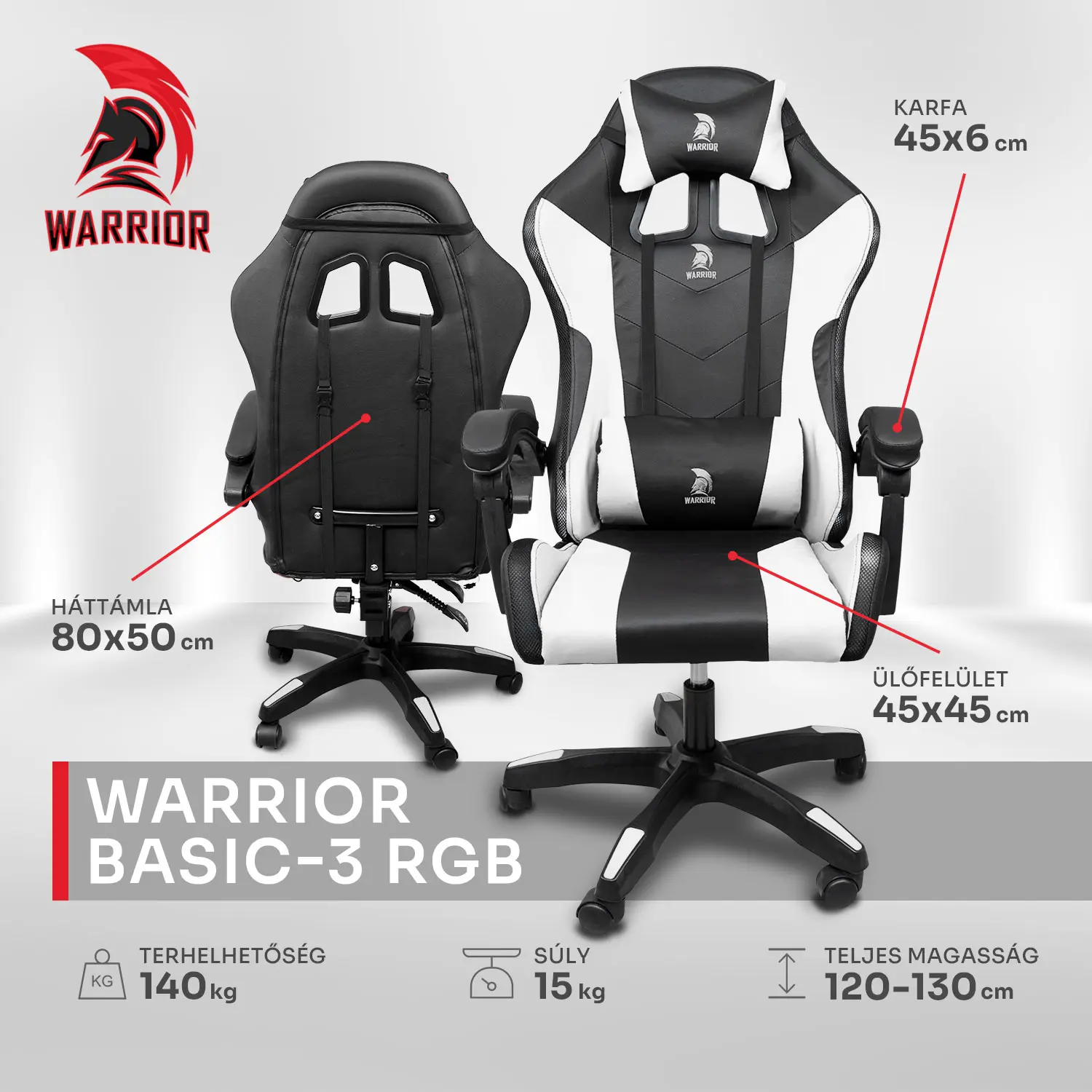 Warrior gamer szék, forgószék fekete-fehér RGB világítással (GAMER-BASIC-3-RGB-WHITE)