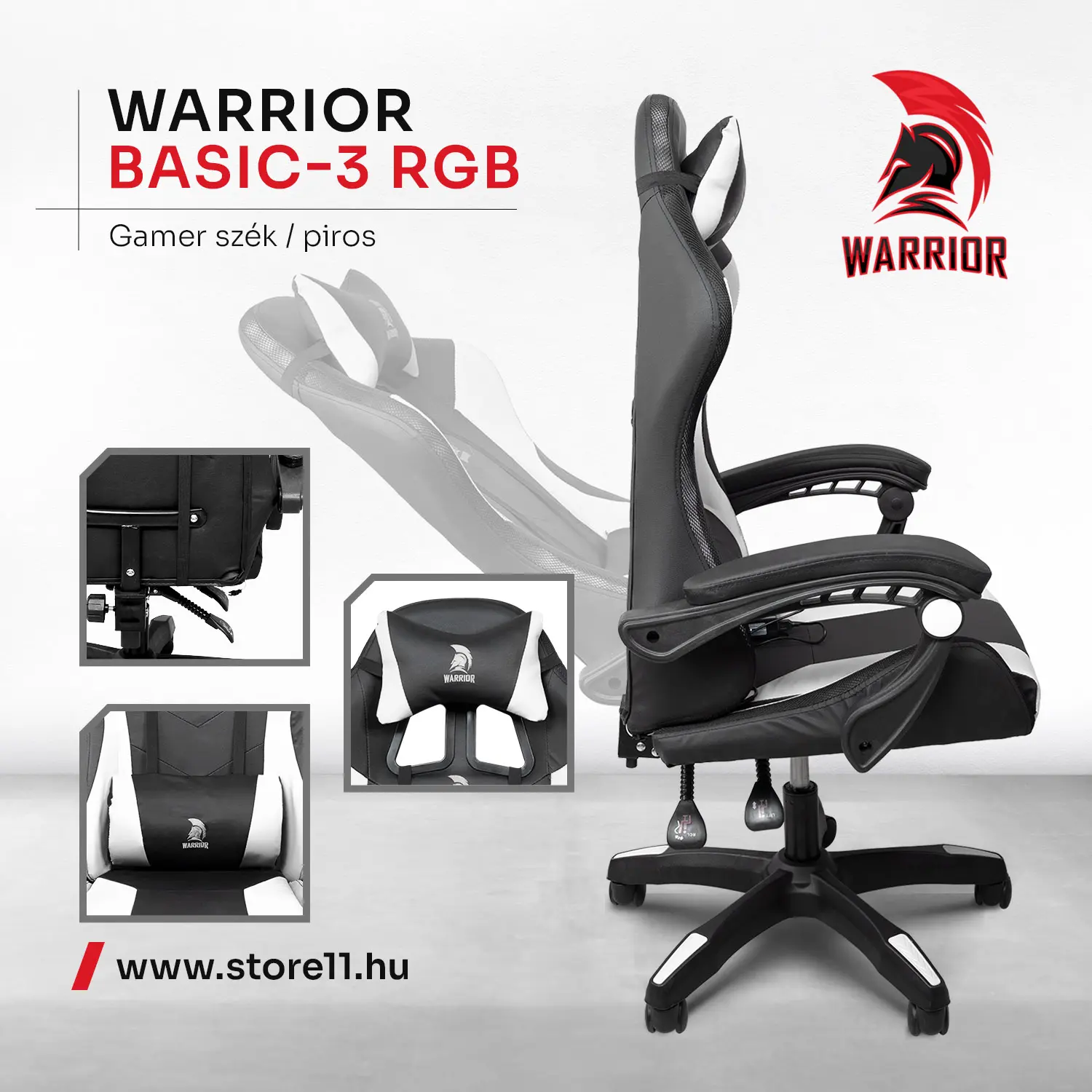 Warrior gamer szék, forgószék fekete-fehér RGB világítással (GAMER-BASIC-3-RGB-WHITE)