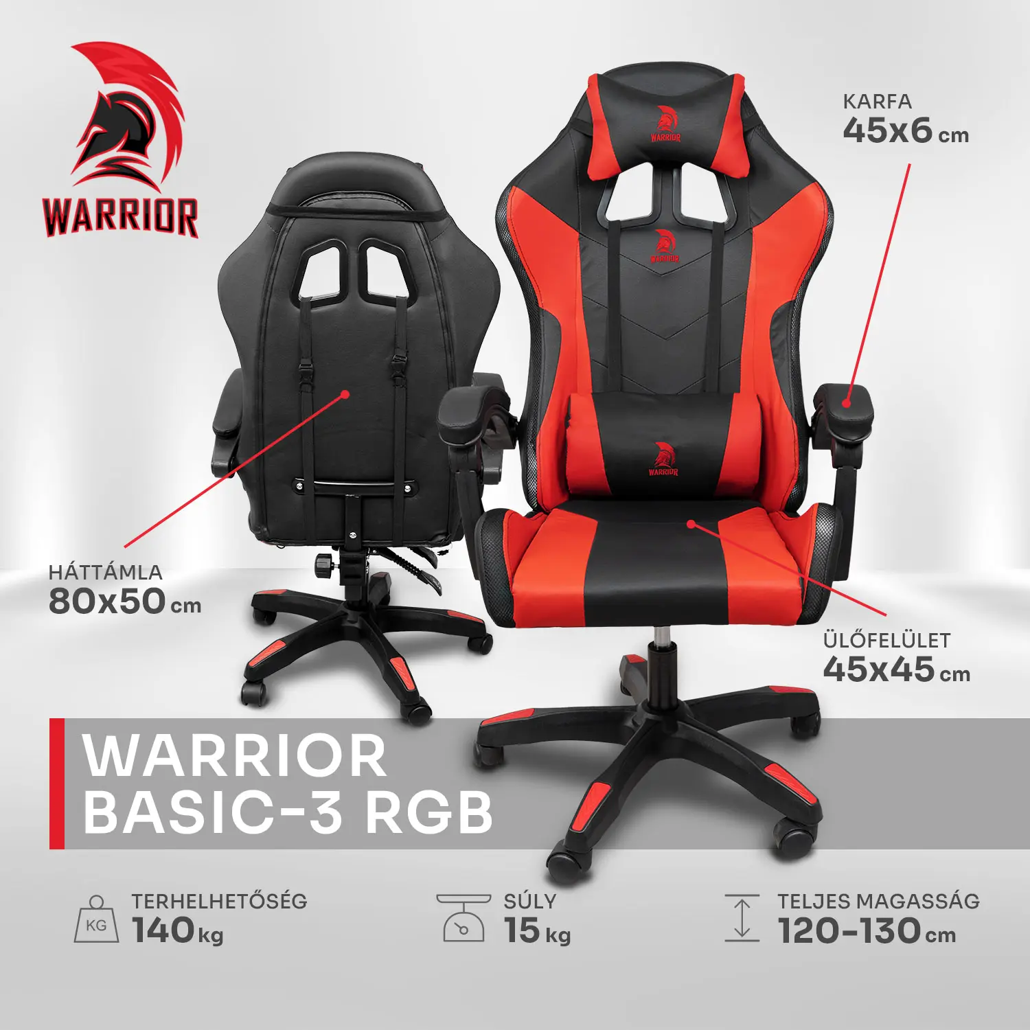 Warrior gamer szék, forgószék fekete-piros RGB világítással (GAMER-BASIC-3-RGB-RED)