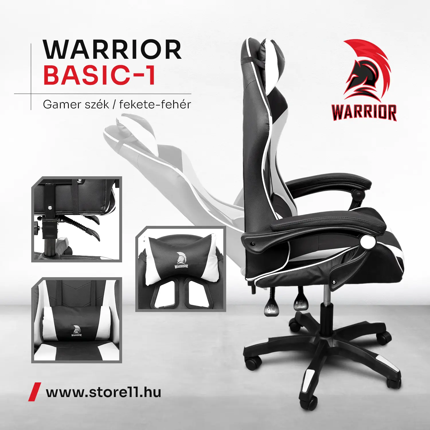 Warrior gamer szék, forgószék fekete-fehér (GAMER-BASIC-3-WHITE)