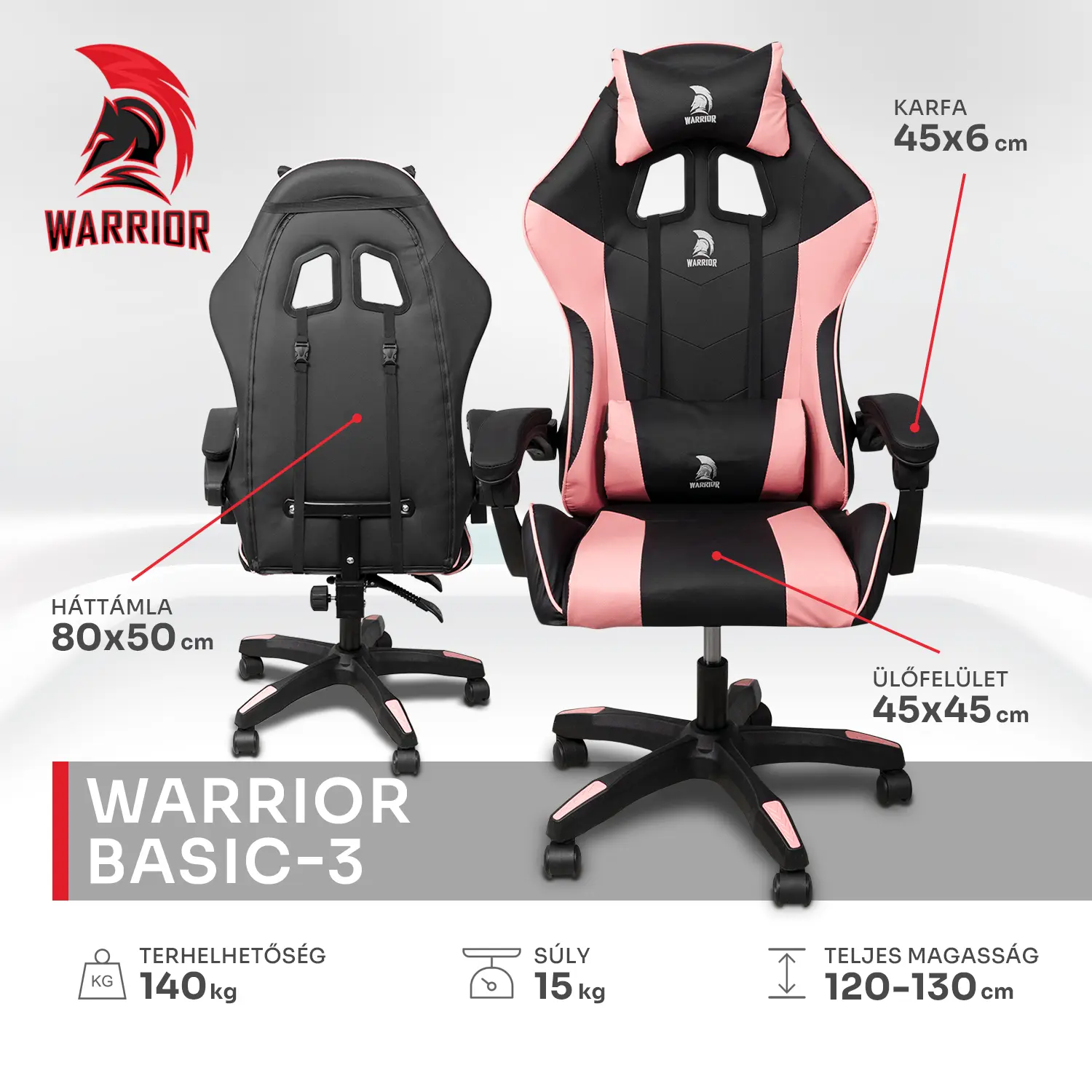 Warrior gamer szék, forgószék fekete-rózsaszín (GAMER-BASIC-3-BLACK-PINK)