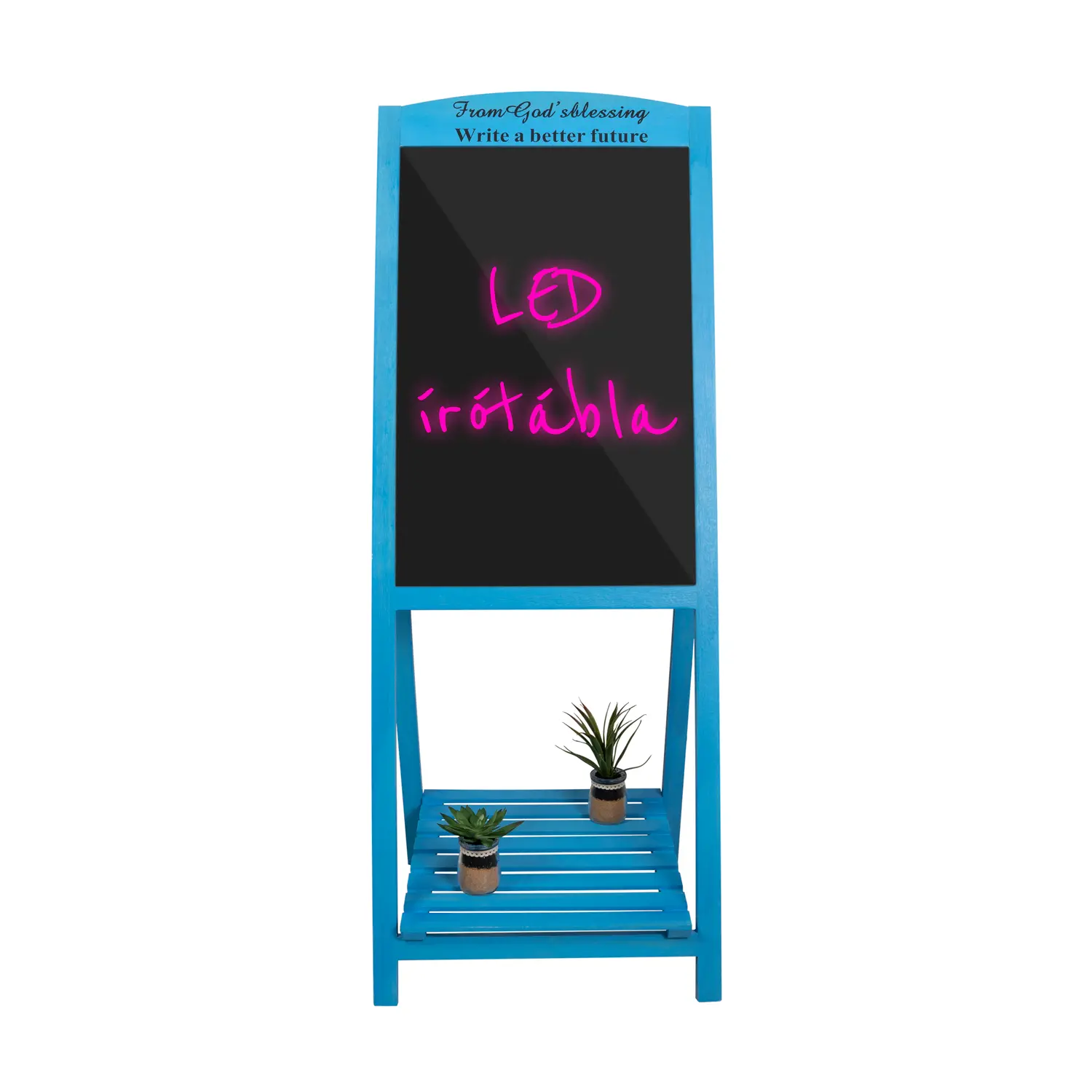 Írható reklámtábla, LED tábla, álló írható tábla kék kerettel (LED-writing-board-blue)
