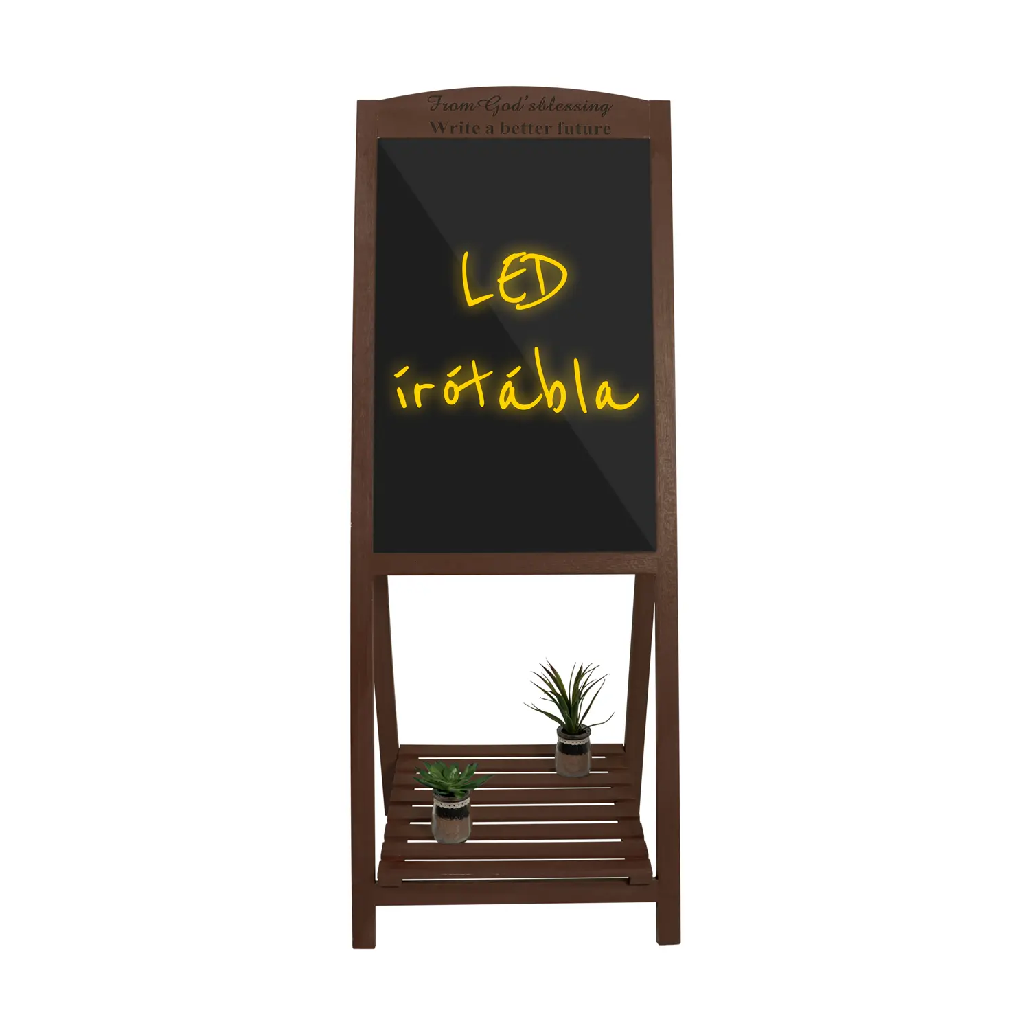 Írható reklámtábla, LED tábla, álló írható tábla barna kerettel (LED-writing-board-brown)