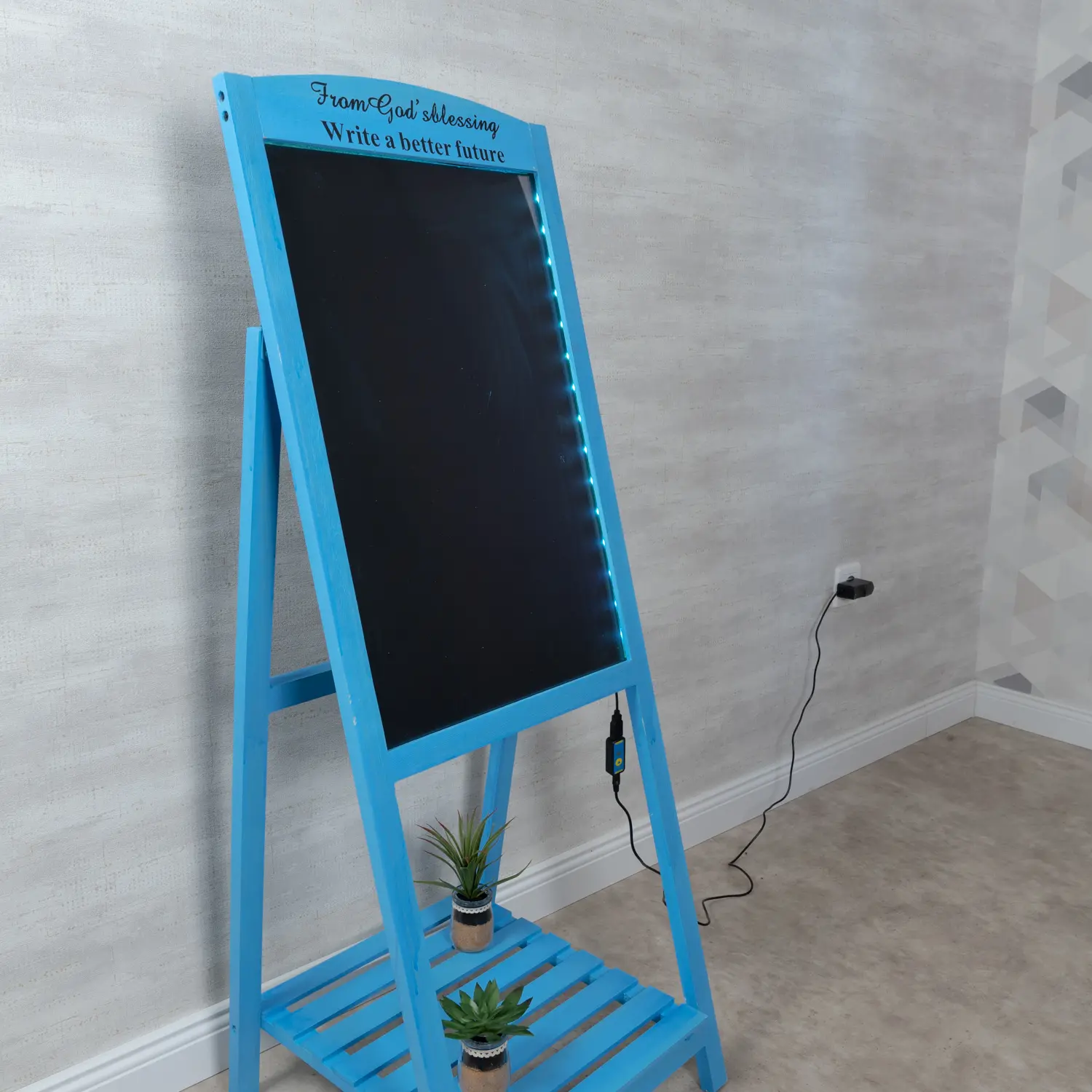 Írható reklámtábla, LED tábla, álló írható tábla kék kerettel (LED-writing-board-blue)