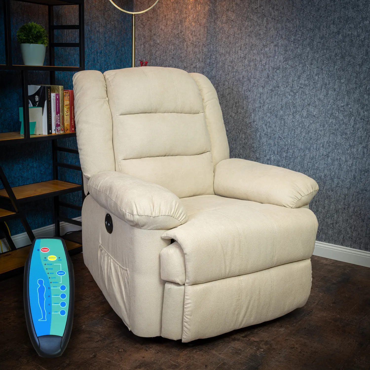 Relax fotelágy elektromosan dönthető háttámlával, lábtartóval vibrációs masszázzsal bézs szövet (ELEC-MASS-FAB-BEIGE)