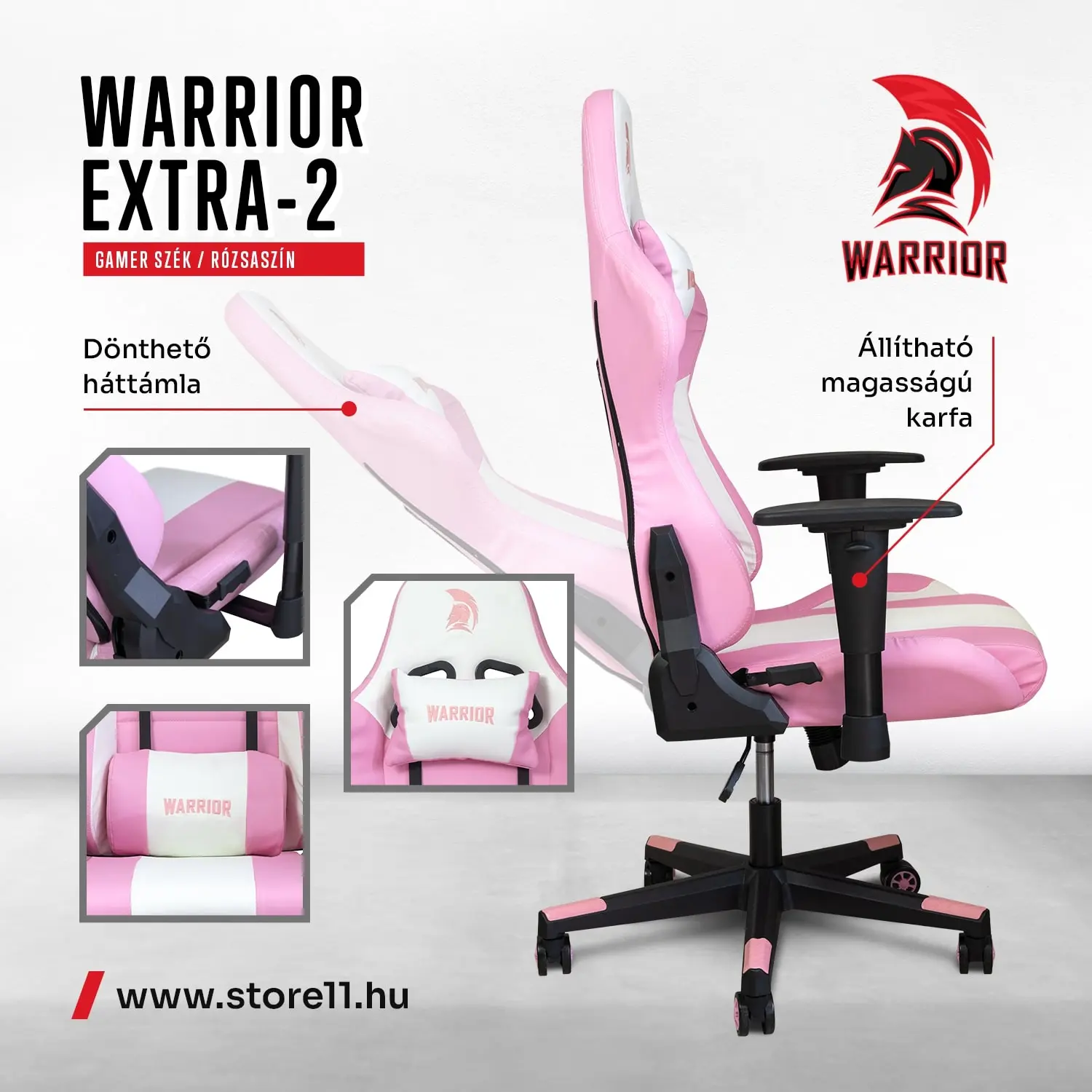 WARRIOR gamer szék fehér-rózsaszín (EXTRA-2)