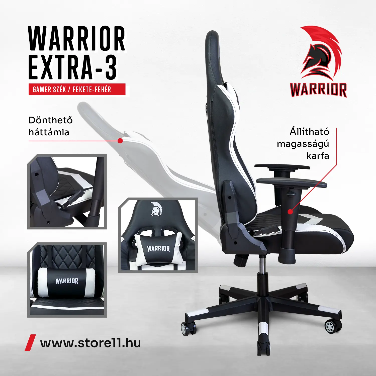 WARRIOR gamer szék fekete-fehér (EXTRA-3)