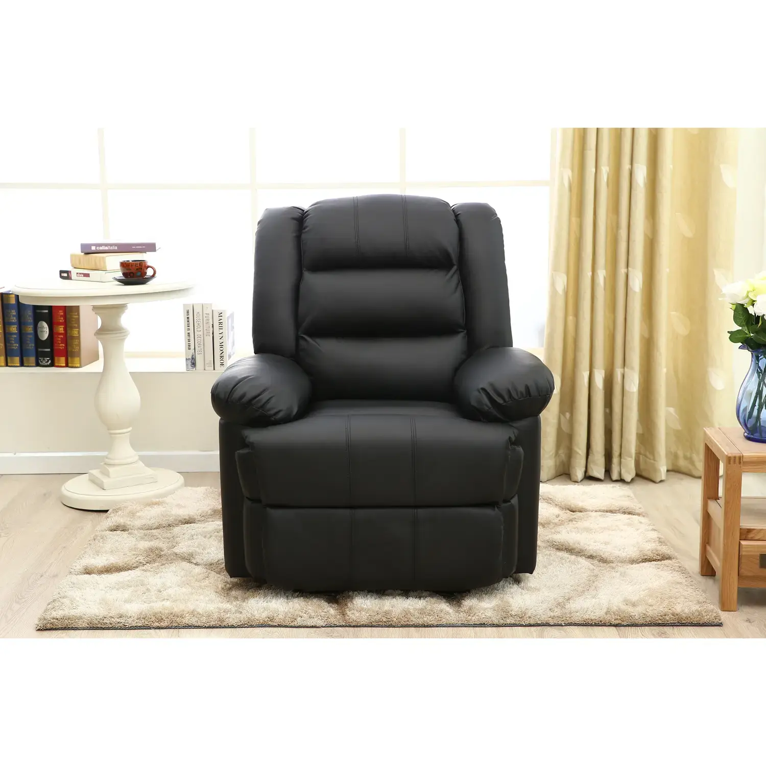 Fekvőfotel, relax fotelágy dönthető háttámlával, lábtartóval hinta funkcióval, fekete műbőr (PU-MA-SW-RO-BLACK)