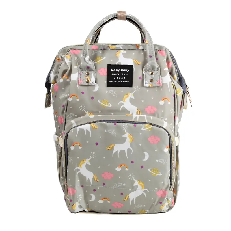 Pelenkázó hátizsák, pelenkázótáska szürke unikornis mintával (diaper-bag-grey-unicorn)