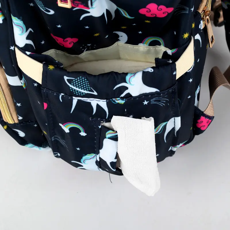 Pelenkázó hátizsák, pelenkázótáska fekete unikornis mintával (diaper-bag-black-unicorn)