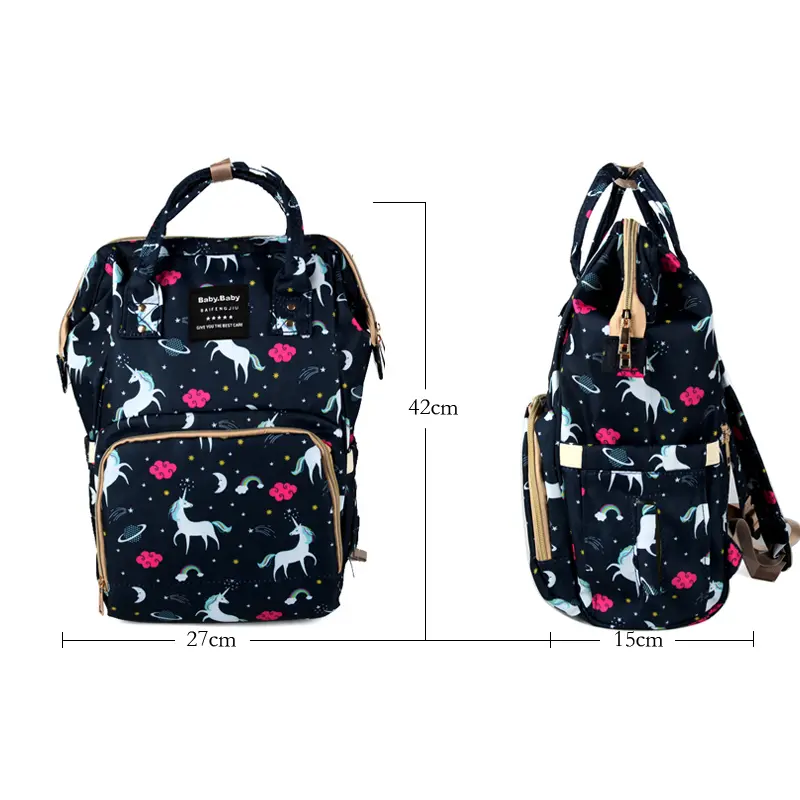Pelenkázó hátizsák, pelenkázótáska fekete unikornis mintával (diaper-bag-black-unicorn)