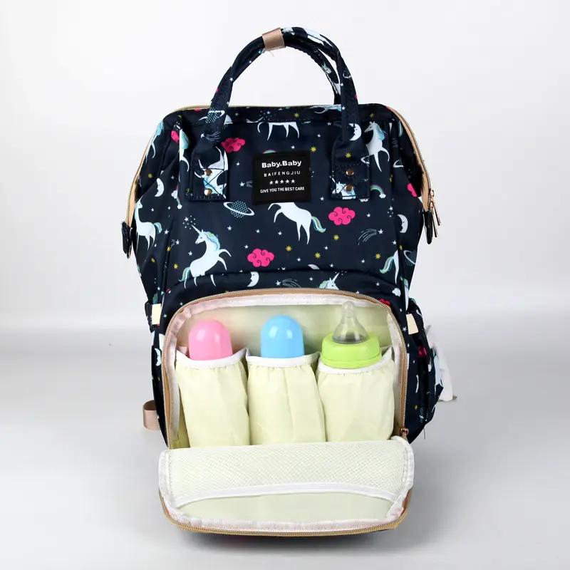 Pelenkázó hátizsák, pelenkázótáska fekete unikornis mintával (diaper-bag-black-unicorn)