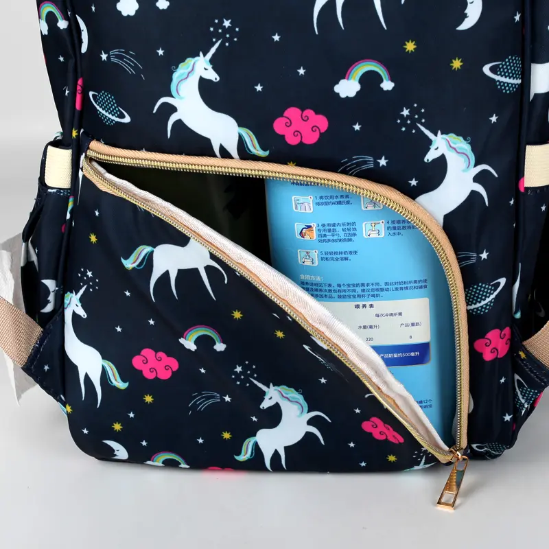 Pelenkázó hátizsák, pelenkázótáska fekete unikornis mintával (diaper-bag-black-unicorn)