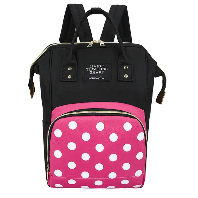 Pelenkázó hátizsák, pelenkázótáska pöttyös fekete-rózsaszín (diaper-bag-dotted-pink)
