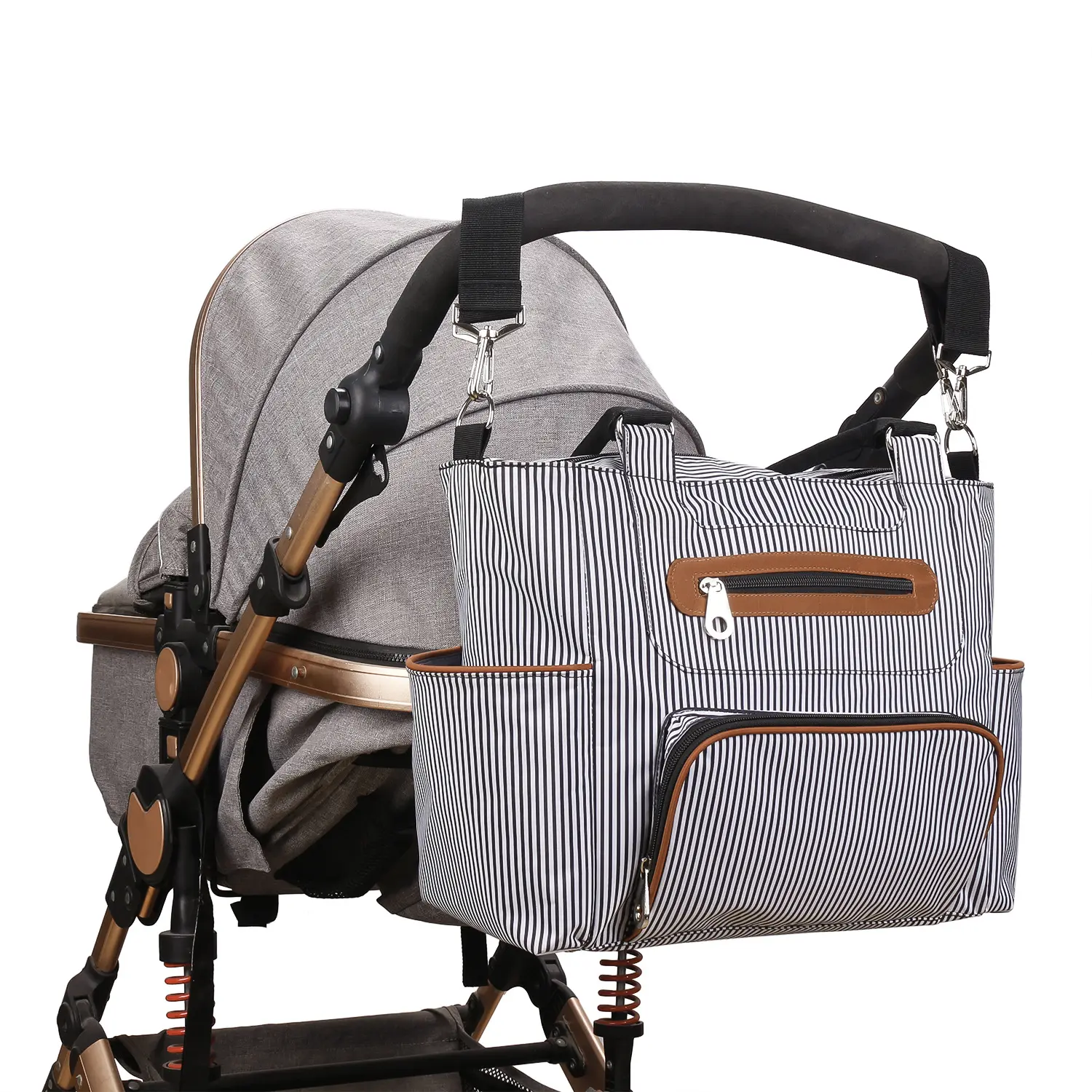 Pelenkázó válltáska, pelenkázótáska készlet szürke, csíkos (diaper-bag-set-grey)