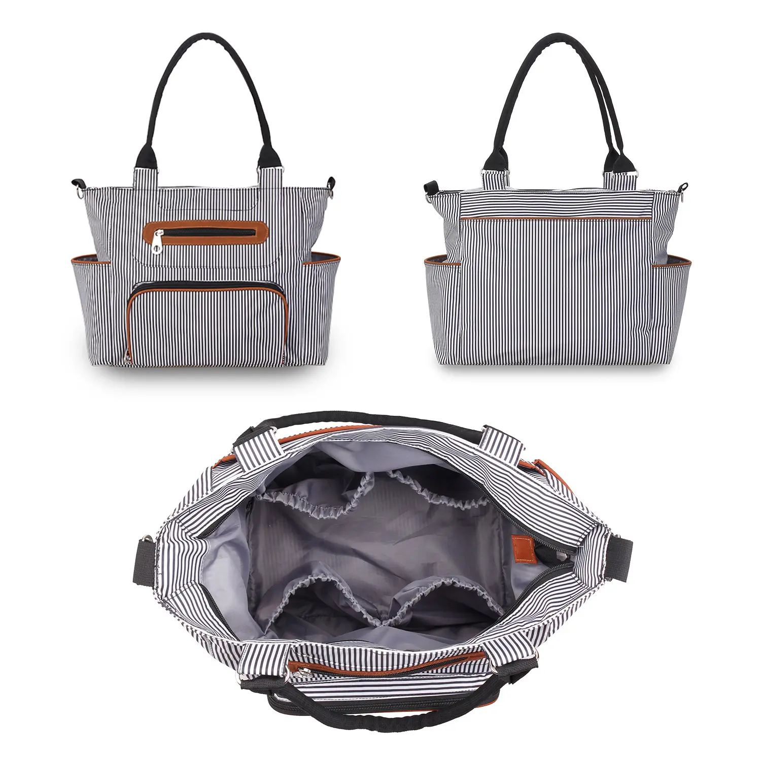 Pelenkázó válltáska, pelenkázótáska készlet szürke, csíkos (diaper-bag-set-grey)