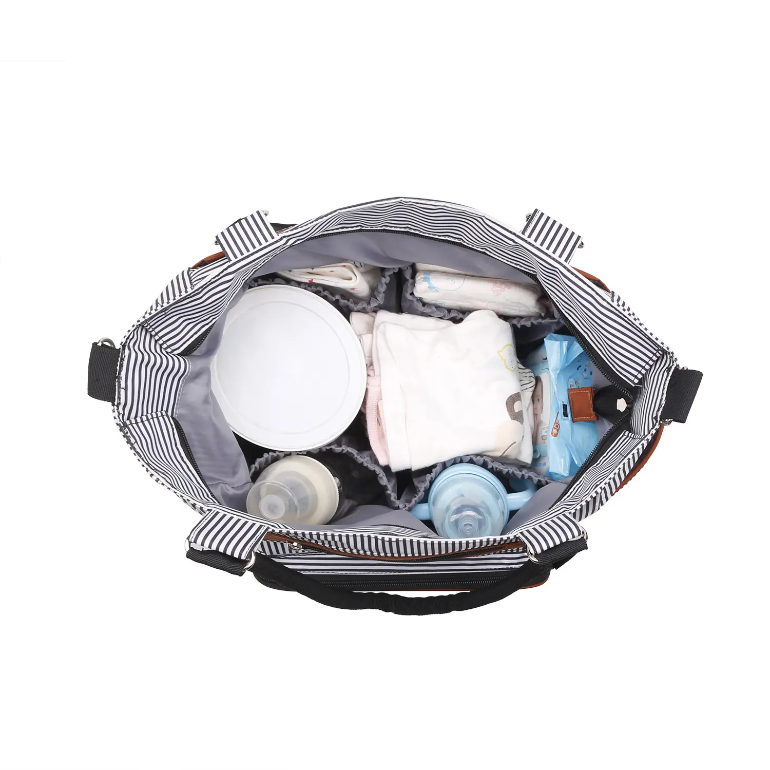 Pelenkázó válltáska, pelenkázótáska készlet szürke, csíkos (diaper-bag-set-grey)