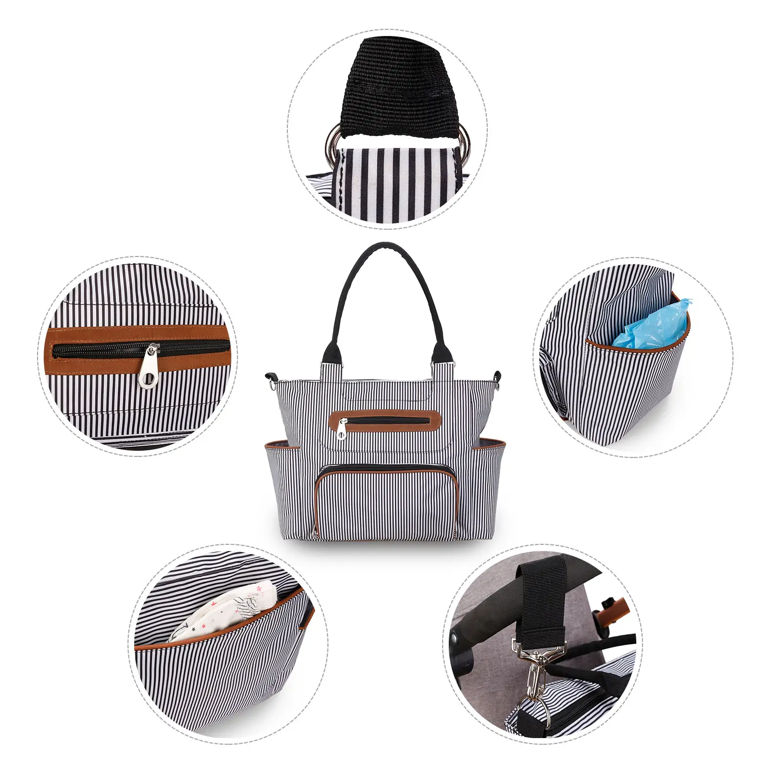 Pelenkázó válltáska, pelenkázótáska készlet szürke, csíkos (diaper-bag-set-grey)