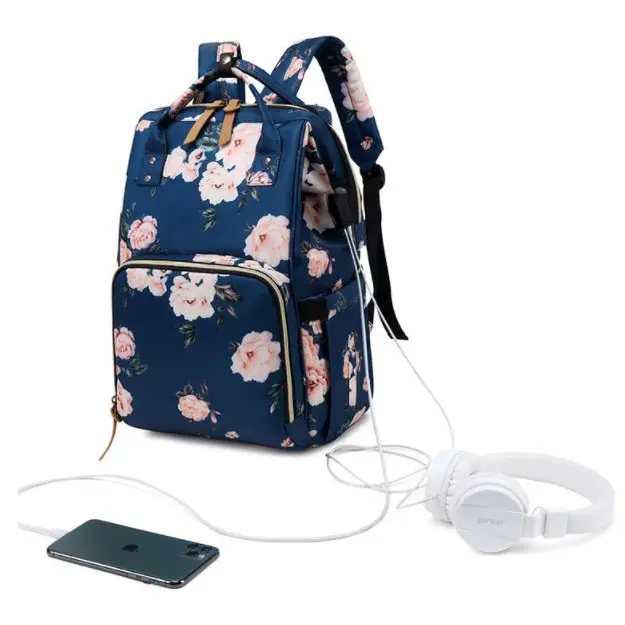 Pelenkázó hátizsák, pelenkázótáska fekete virág mintával (diaper-bag-black-flower)