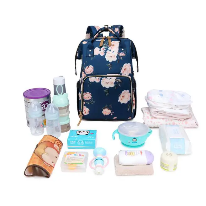 Pelenkázó hátizsák, pelenkázótáska fekete virág mintával (diaper-bag-black-flower)