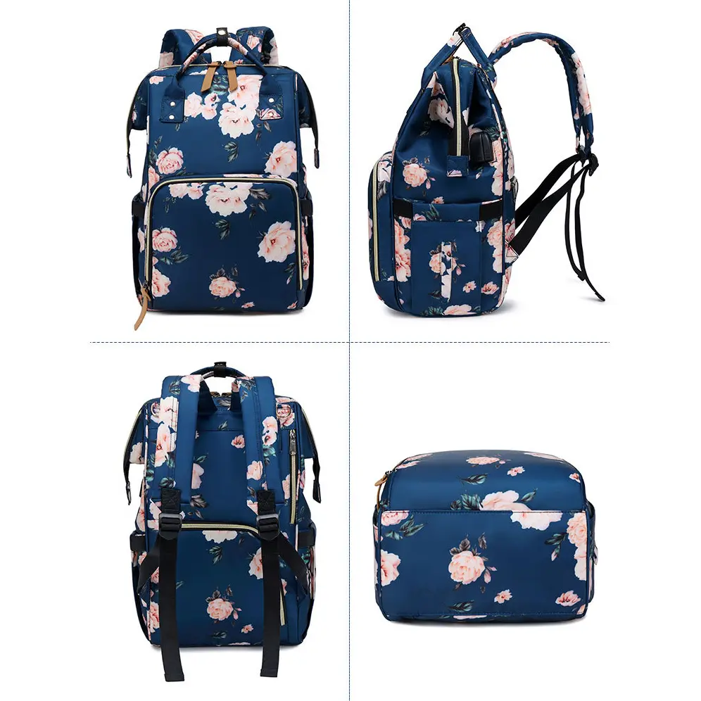Pelenkázó hátizsák, pelenkázótáska fekete virág mintával (diaper-bag-black-flower)