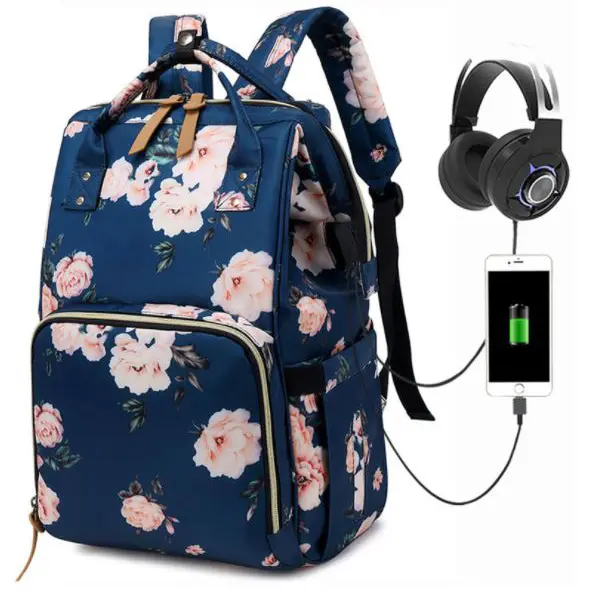 Pelenkázó hátizsák, pelenkázótáska fekete virág mintával (diaper-bag-black-flower)