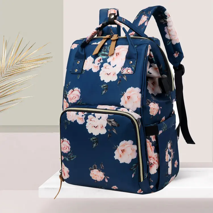 Pelenkázó hátizsák, pelenkázótáska sötétkék virág mintával (diaper-bag-navy-flower)