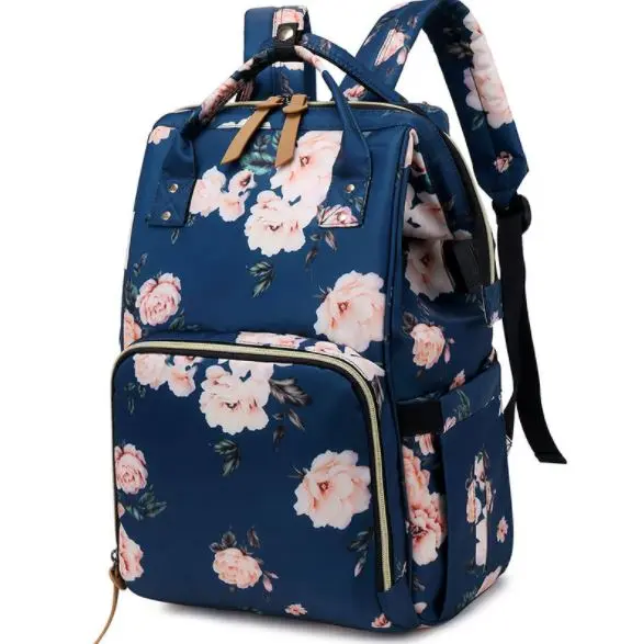 Pelenkázó hátizsák, pelenkázótáska sötétkék virág mintával (diaper-bag-navy-flower)